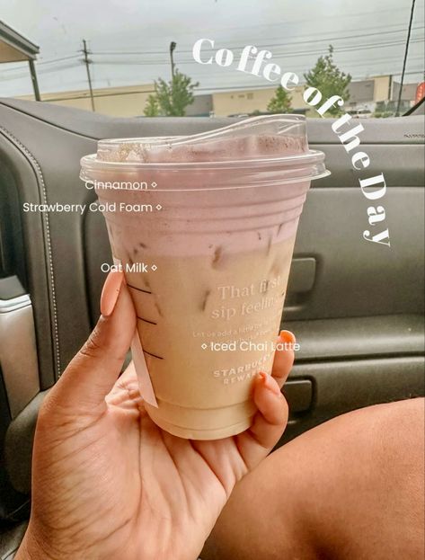 How to order: 🟤 Iced Chai Tea Latte 🟤 Strawberry Cold Foam 🟤 Add cinnamon on top Simple Starbucks Drinks To Order, Best Starbucks Drinks To Order, Starbucks Chai Tea Latte Order, Iced Chai Tea Latte Starbucks Orders, Iced Chai Latte Starbucks, Starbucks Chai Latte, Starbucks Chai Tea Latte Recipe, Strawberry Cold Foam, Chai Latte Starbucks