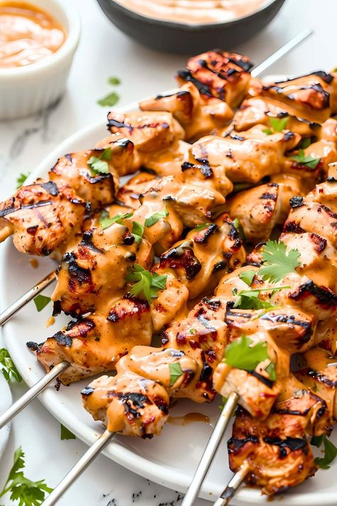 Chicken Satay with Peanut Sauce - Insanely Good Thai Chicken Satay Skewers With Peanut Sauce, Thai Chicken Recipes Peanut Sauce, Chicken Satay Peanut Sauce, Peanut Chicken Satay Recipe, Chicken Peanut Recipes, Thai Chicken Satay Recipe, Air Fryer Chicken Satay, Thai Chicken Satay With Peanut Sauce, Peanut Thai Chicken