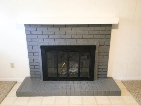 Floating Mantle, Grey Fireplace, White Brick Fireplace, Painted Brick Fireplace, Diy Fireplace Makeover, Brick Fireplace Makeover, Garage Remodel, Grey Brick, Fireplace Remodel