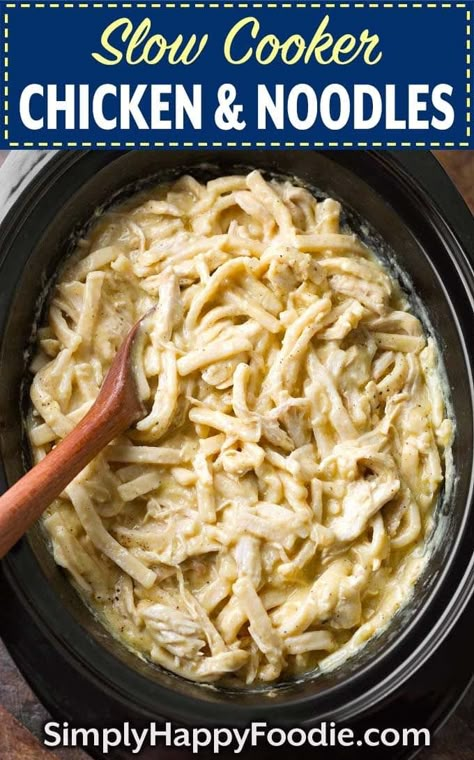 Slow Cooker Chicken and Noodles are pure comfort food! These comforting chicken and noodles are a classic meal that will feed a hungry bunch! It doesn't get much easier than this delicious comforting crock pot chicken and noodles recipe! simplyhappyfoodie.com #chickenandnoodles #crockpotchickennoodles #slowcookerchickennoodles Comforting Chicken And Noodles, Slow Cooker Chicken And Noodles, Crock Pot Chicken And Noodles, Crockpot Chicken Noodle Soup Recipes, Chicken And Noodles Recipe, Crockpot Recipes Mexican, Simply Happy Foodie, Easy Crockpot Recipes Healthy, Crockpot Chicken And Noodles