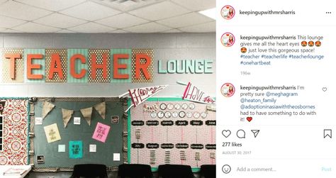 20 Inspiring Teachers' Lounge and Workroom Ideas - WeAreTeachers Staffroom Ideas Teacher Lounge Bulletin Boards, Teacher Work Room, Staffroom Ideas, Room Bulletin Board Ideas, Teachers Lounge Decor, Room Bulletin Board, Staff Bulletin Boards, Workroom Ideas, Teachers Lounge Makeover