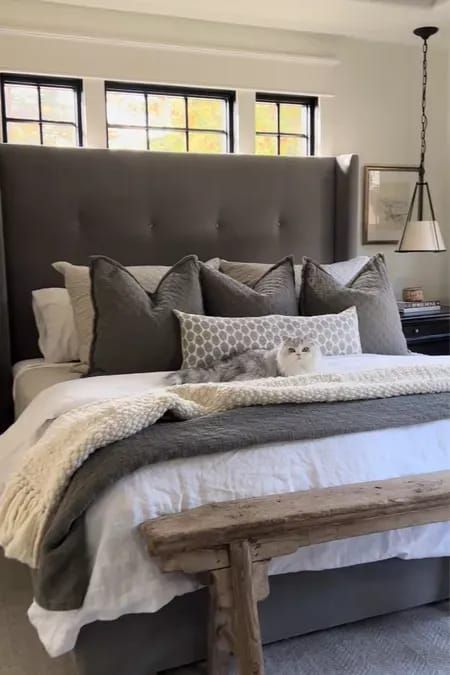 Grey Tan Bedding, Charcole Bed, Grey Bedroom Comforter Ideas, Charcoal Grey Upholstered Bed, Grey Quilted Headboard Bedroom, Gray And Tan Bedding Ideas, Grey Beige Bedding, Grey Tan And White Bedroom, Bedding Ideas For Dark Grey Headboard