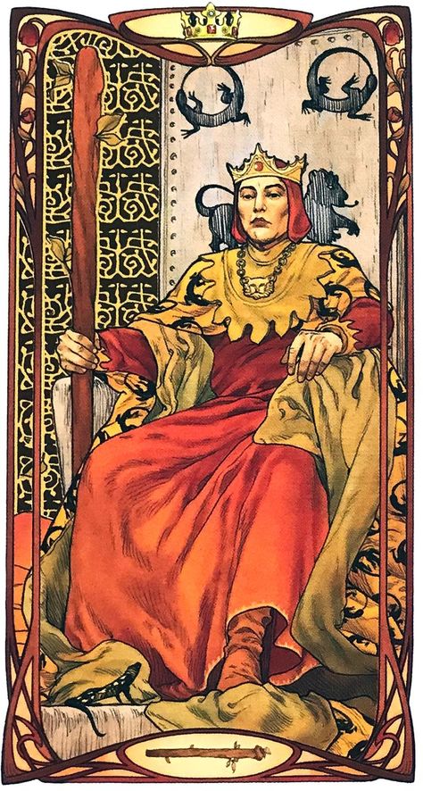 Queen of Wands - Golden Art Nouveau Tarot Art Nouveau Tarot, Tarot Waite, Queen Of Wands, Nine Of Wands, Tarot Decks Art, King Of Wands, All Tarot Cards, Wands Tarot, Style Artist