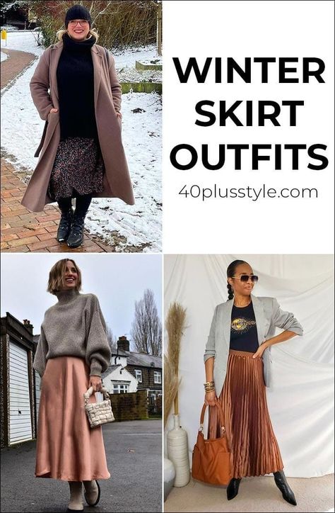 Winter skirt outfits - how to style your skirts in colder weather | 40plusstyle.com Mid Calf Skirt Outfits Winter, Skirts With Boots For Winter, Long Dresses Casual Winter Maxi Skirts Fall Outfits, Winter Midi Skirt Outfit Cold Weather, Winter Maxi Skirt Outfit Cold Weather, How To Wear Skirts In Winter, Mid Skirt Outfits Winter, Skirt And Sweater Outfit Winter, Cold Weather Skirt Outfits