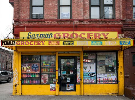 James and Karla Murray Photography: Guzman Grocery Brooklyn, New York Usa Street, Metal Awning, Storefront Signs, New York Architecture, Shop Fronts, Cold Beer, Facade Design, Brooklyn New York, City Aesthetic