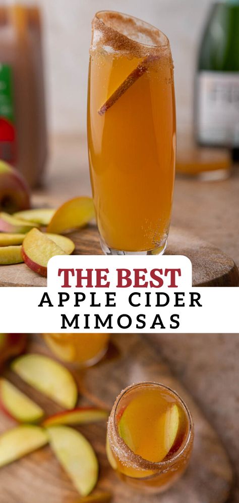 This easy and delicious apple cider mimosas recipe is made with sparkling wine, apple juice, or spiced apple cider and decorated with the most delicious cinnamon sugar rim. It is perfect for NYE, brunch, or just when you are having people over and want to elevate the experience. Apple Beverage Recipes, Wine Mimosa Recipe, Apple Wine Cocktails, Cinnamon Apple Mimosa, Apple Cider Crush, Apple Cider Alcoholic Drink, Apple Cider Drink Recipes, Nye Brunch, Apple Mimosa