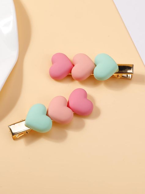 Multicolor Casual Collar  Polyresin Colorblock Hair Clips Embellished   Kids Accessories Heart Clips Hair, Hair Clips Infantil, Cute Accessories Kawaii, Colorblock Hair, Heart Hair Clips, Kawaii Hair Clips, Embroidered Hair Bows, Toddler Hair Accessories, Fancy Shop