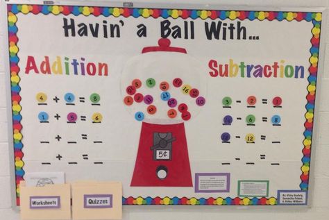 Having a Ball With Addition and Subtraction Gumball Bulletin Board. This was done by some students from Nyack College. Math Softboard Ideas, Gumball Math Bulletin Board, Addition And Subtraction Bulletin Boards, Math Bulletin Boards Elementary Addition And Subtraction, Interactive Math Bulletin Boards 1st Grade, Gumball Bulletin Board, Interactive Bulletin Boards Kindergarten, Math Boards Bulletin Display, Kindergarten Math Bulletin Board Ideas