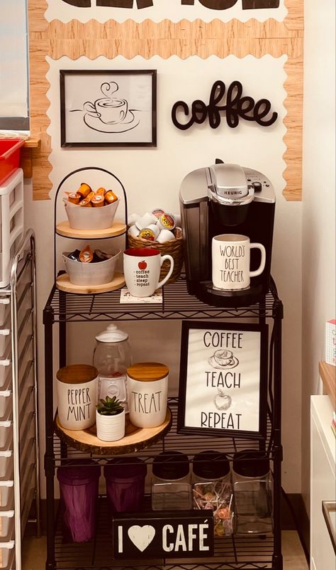 Break Room Coffee Station, Coffee Room Decor, Cozy School Office Ideas, Daycare Break Room Ideas, Staff Room Coffee Station, Coffee Bar Ideas At Work, Coffee Bar At Work For Employees, Coffee Station Work Offices, Zen Break Room Ideas