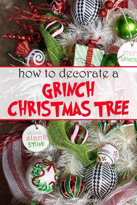 With lots of cute ornaments, Christmas picks and an easy Grinch tree topper, find out how to decorate a whimsical Grinch Christmas tree. #fromhousetohome #grinch #christmastree #christmasdecor #holidaysandevents Grinch Tree Topper, A Grinch Christmas, Grinch Christmas Tree Topper, Diy Grinch, Grinch Tree, Grinch Decorations, Grinch Trees, Grinch Christmas Party, Gold Christmas Tree Decorations