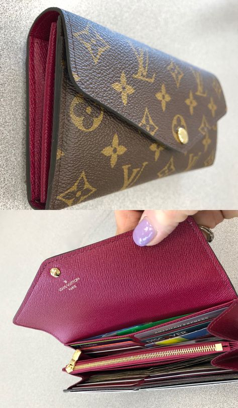 Louis Vuitton Sarah Wallet in Monogram and Fuchsia. LOVE how neat and organized this wallet is! There are 16 credit card slots, a zipper compartment for change and slip pockets for extra papers, license, coupons, etc. GREAT WALLET! Big Wallets For Women, Luxury Designer Wallets For Shopping, Lv Wallet Women, Luxury Wallet Women, Louis Vuitton Wallet Aesthetic, Lv Wallet Aesthetic, Luis Vuitton Wallet Women, Luis Vuitton Wallet, Designer Wallets For Women