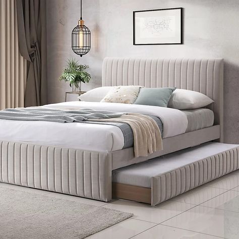 Bexley Natural Oat Upholstered -  King Size Bed Frame With Underbed Frame | DIY at B&Q King Size Bed With Pull Out Bed, Cushioned Bed Design, Bed Frames Designs, Modern Bed With Headboard, Fabric Bed With Storage, Beds With Fabric Headboards, Double Bed With Trundle, 6×6 Bed Design, Double Bed With Pull Out Bed