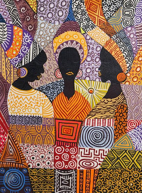 Wearing bright scarves with traditional African patterns, the three women in Jacob Adjei Adjetey's beautiful painting trade a few pieces of juicy gossip. The artist in Ghana uses a patchwork of bright colors to create the scene, covering everything in an array of fascinating patterns. African Print Painting, African Figures Paintings, African Folk Art Paintings, Nigerian Paintings African Art, Traditional African Patterns, African Artwork Abstract, African Cultural Art, African Artwork Traditional, Ghana Art Paintings