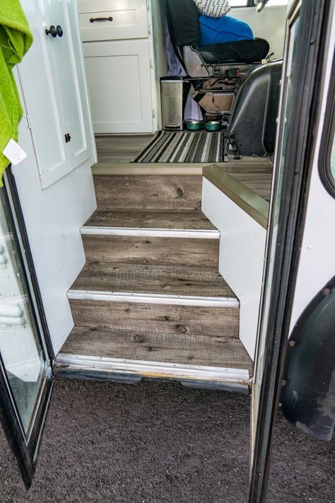 bus conversion, stairs, skoolie, bus life, front of the bus, stair solutions Bus Remodel, Skoolie Conversion, School Bus Tiny House, School Bus Camper, School Bus House, Converted School Bus, Converted Bus, Rv Bus, Short Bus