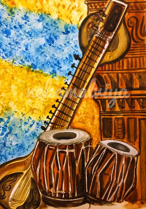 Classical Instruments Drawing, Indian Musical Instruments Drawing, Musical Instruments Aesthetic, Indian Instruments, Music Art Painting, Cards Painting, Musical Instruments Drawing, Indian Musical Instruments, Painting Music