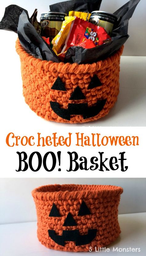 Crocheted Halloween BOO basket #BOOItForward [ad] @walmart Crochet Fall Pumpkins, Crochet Pumpkin Basket Free Pattern, Crochet Pumpkin Basket, Crochet Halloween Projects, Crochet Jackolantern, Crochet Halloween Bucket, Crochet Halloween Bags, Halloween Crochet Decor, Crochet Halloween Bag