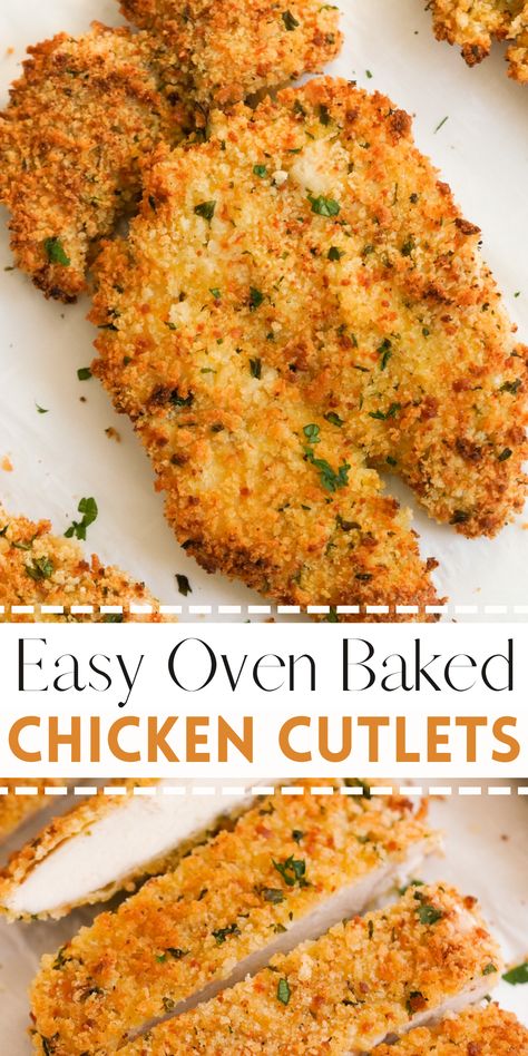 Quick, crispy, and packed with protein, these Breaded & Baked Chicken Cutlets are about to become your favorite weeknight kitchen trick. In just 40 minutes, you’ll have a tray of tender, golden-brown, healthy chicken cutlets ready to serve with your favorite sides or as yummy add-ons for salad, pasta, or sandwiches. Chicken Cutlet Recipes Baked, Oven Baked Chicken Cutlets, Oven Breaded Chicken, Baked Breaded Chicken Cutlets, Healthy Breaded Chicken, Baked Chicken Cutlets, Fried Chicken Breast Recipe, Baked Breaded Chicken, Crispy Chicken Breast