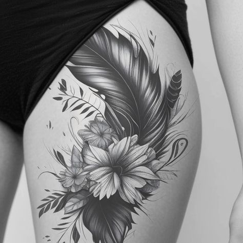 Feather Stomach Tattoos Women, Feather Shoulder Tattoos, Leg Cover Up Tattoos For Women, Antler Tattoos For Women, Groin Tattoos For Women, Black Tattoos For Women, Dark Flower Tattoo, Feather Tattoo Ankle, Antler Tattoos