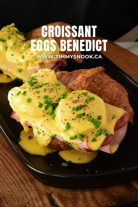 Croissant Eggs Benedict Eggs Benedict Croissant, Croissant Benedict, Egg Whites Wrap, Croissant Roll, Croissant Sandwich, Eggs Breakfast, Sliced Ham, Cracked Egg, Hollandaise Sauce