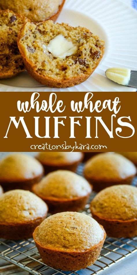 Amazing 100% Whole Wheat Muffins - brown sugar makes these wheat muffins extra tasty. These whole wheat muffins will be a favorite with the whole family! #wholewheatmuffins #wholewheatmuffinrecipe #wheatmuffins #brownsugarmuffins #creationsbykara Brown Sugar Muffins, Fall Bread, Wheat Muffins, Wheat Flour Recipes, Whole Wheat Muffins, Wheat Recipes, Gingerbread Recipe, Homemade Breakfast, Flour Recipes