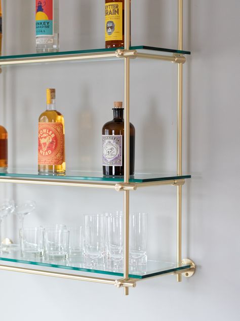 Bar Shelves Ideas, Wall Bar Ideas, Glass Bar Shelves, Bar Shelf Ideas, White And Gold Wallpaper, Beauty Shop Decor, Custom Shelf, Brass Shelving, Ceiling Shelves