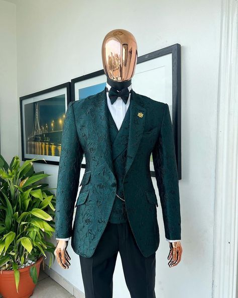 An emerald green, knitted, root floral jacquard notch lapel suit, front cut double breasted waist coat, black pant Trosuer & diamond shaped bow tie .

What you get :

suit
pant trousers
Waist coat
Tie

Other items on request:

Signature Accessories
shirt

Price - available on website

To Order:

iMessage, Text or WhatsApp : +2348179435662
Email: info@dejiandkola.com
Website: www.dejiandkola.com Mens Suits Green, Green Tux, Men Suit Wedding, Green Suit Men, Notch Lapel Suit, Slim Straight Pants, Groom Tuxedo, Designer Suits For Men, Bespoke Suit