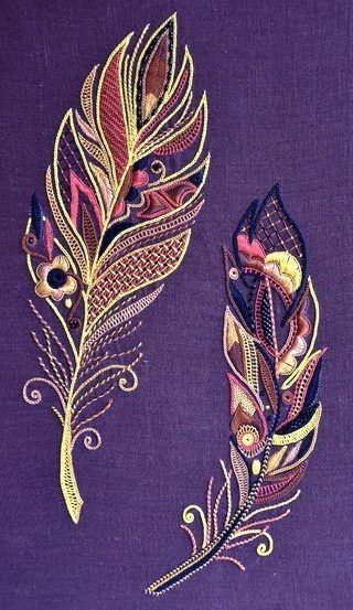 Embroidery Patterns Flowers, Feathers Embroidery, Embroidered Feathers, Feather Embroidery, Pola Sulam, 자수 디자인, Sewing Embroidery Designs, Crewel Embroidery, Hand Embroidery Stitches