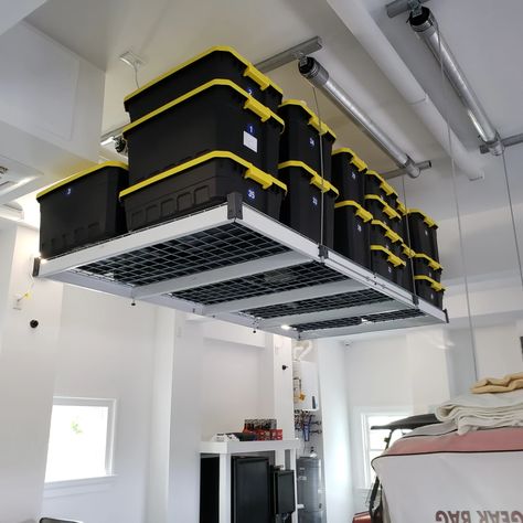 Garage Storge Lift. Motorized garage storage system declutters – Auxx-Lift Store 2017 Garage Storage Lift, Ceiling Storage Rack, Garage Ceiling Storage, Automatic Garage Door, Electrical Shop, Garage Lift, Overhead Garage Storage, Overhead Garage, Garage Storage Solutions