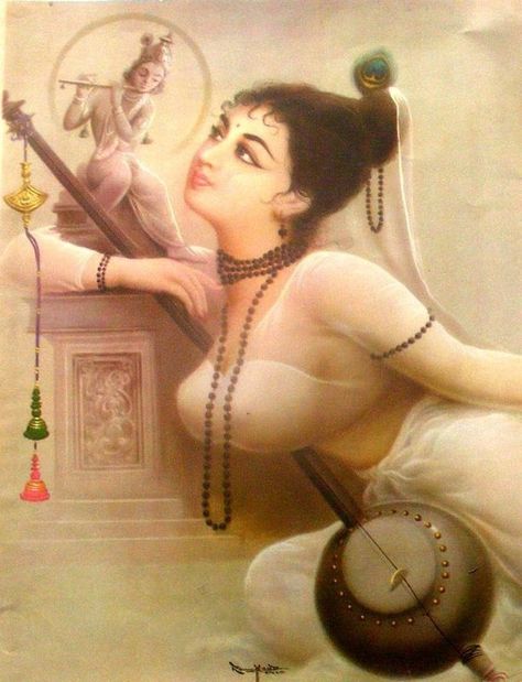 Vintage Print of Meera Bai. For a saint she certainly had a big rack. Not that saints can't have big racks... whatever. Meera Bai Paintings, Devotee Of Krishna, Meera Bai, राधा कृष्ण वॉलपेपर, Indian Arts, India Painting, Indian Art Gallery, Mughal Paintings, Indian Goddess