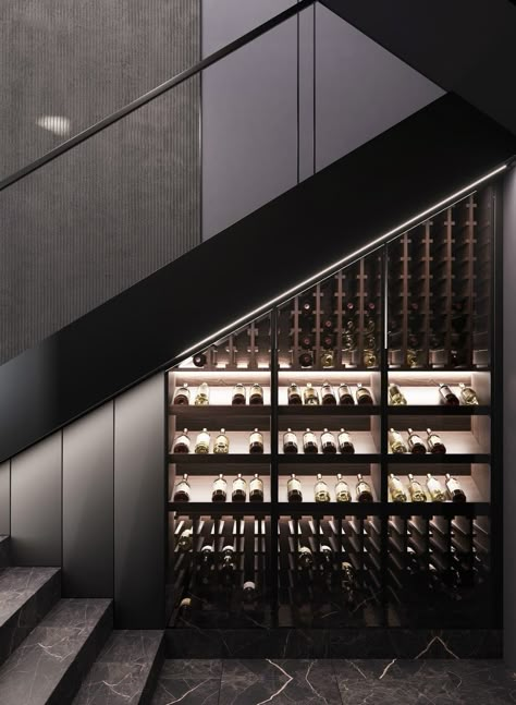 Stair Wine Cellar, Wine Under Stairs, Under Stairs Wine Storage, Wine Cellar Under Stairs, Wine Cellar Modern, Bar Under Stairs, Wine Cellar Lighting, Under Stairs Wine, Under Stairs Wine Cellar