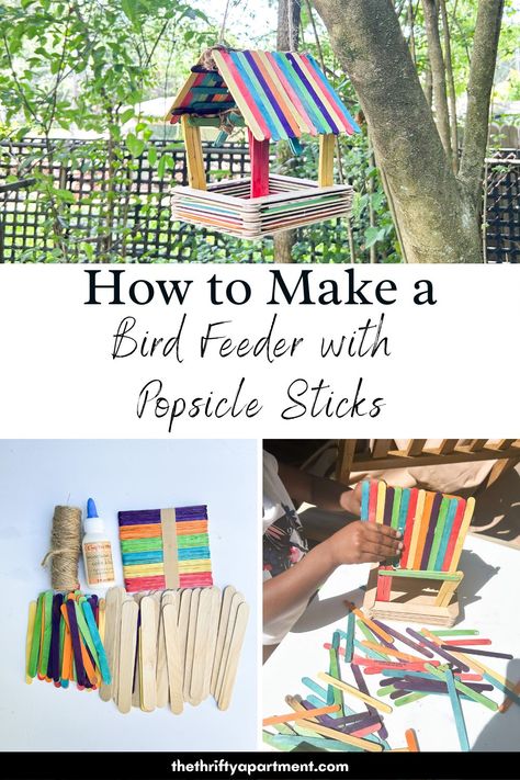 The easiest way to make a bird feeder with the kids using popsicle sticks.Inexpensive project to keep the kids entertained and bird watching. #kidsproject #birdfeeder #outdoorideas #outdoorprojects #backyardideas #diy #diyideas #diyprojects Bird Houses Popsicle Sticks, Home Made Bird Feeders For Kids, Recycled Bird Feeders For Kids, Diy Kids Bird Feeder, Birdhouse Crafts For Kids, Homemade Bird Feeders For Kids, Kids Bird Feeder Crafts, How To Make Bird Feeders, Preschool Bird Feeders