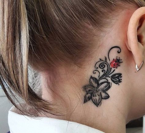 Ladybug Neck Tattoo, Ladybug And Flower Tattoo, Ladybug On Flower Tattoo, Ladybug Flower Tattoo, Flower Tattoo Behind Ear, Tattoo Ladybug, Ladybug Tattoo Ideas, Tattoos Ear, Ladybug Tattoos