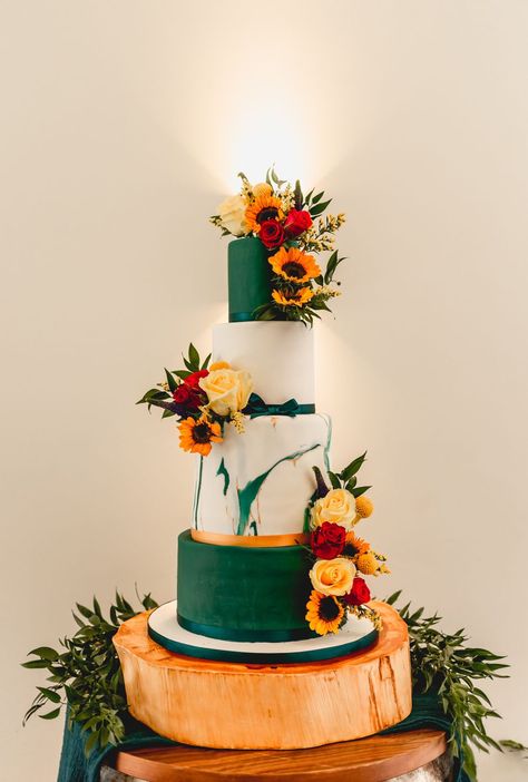 4 Tier Green Gold Cake Flowers Woodlands Hothorpe Wedding Lisa Carpenter Photography #wedding #cake #weddingcake Yellow And Green Wedding Cake, Emerald Green And Rust Wedding Cake, Green Gold Cake, Orange Wedding Cake, Carpenter Photography, Yellow Wedding Cake, Wedding Cake Flowers, Green Gold Weddings, Church Anniversary