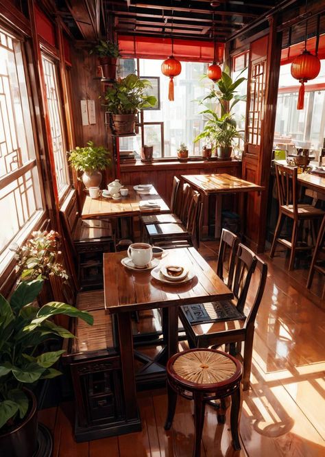 Chinese Cafe Interior Design, Chinese Tea Room Interior, Chinese Coffee Shop, Vietnamese Restaurant Design, Japanese Cafe Interior, Chinese Cafe Design, Chinese Restaurant Interior Design, Tea House Interior, Chinese Tea Shop