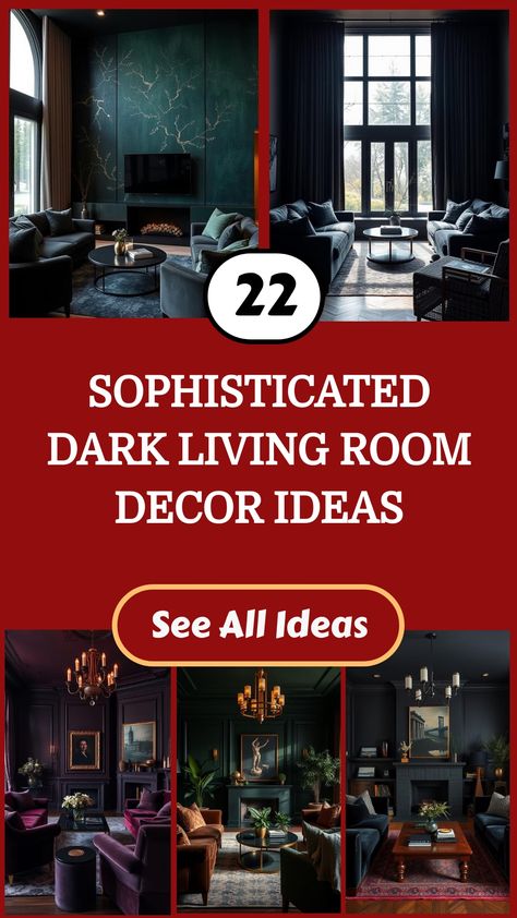 Sophisticated dark living room with luxurious furniture and elegant lighting. Dark Moody Tv Room, Moody Waiting Room, Dark Moody Vintage Living Room, Dark Paint Living Room Ideas, Dark Gray Living Room Walls, Dark Decor Living Room, Dark Paint Living Room, Gothic Victorian Living Room, Moody Family Room