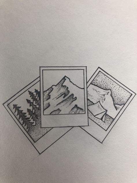 Tiny Landscape Tattoo, Granola Patchwork Tattoos, Poloroid Tattoo Simple, Framed Mountain Tattoo, Colorado Stamp Tattoo, Fine Line Landscape Tattoo, Poloroid Tattoo Idea, Camper Tattoo, Roadtrip Tattoo