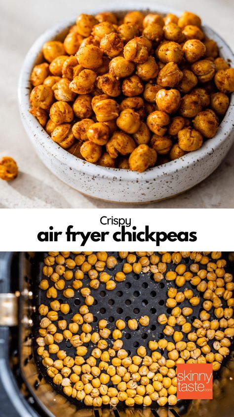 Crispy Air Fryer Chickpeas are a healthy snack or salad topper! So quick and easy to make in the air fryer. #chickpeas #vegan #vegetarian #airfryer Airfryer Chickpeas, Crispy Air Fryer Chickpeas, Air Fryer Chickpeas, Pea Snacks, Ww Snacks, Chic Peas, Air Fryer Oven Recipes, Air Fry Recipes, Skinnytaste Recipes