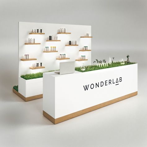 Trade counter for WONDERLAB on Behance Skin Care Exhibition Booth Design, Cosmetics Display Stand Design, Booth Counter Design, Cosmetic Booth Design, Fragrance Display, Interior Design Industrial, Cosmetics Display Stand, Event Booth Design, Expo Stand