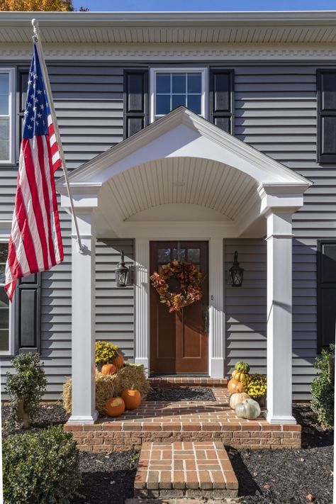 Front Portico Ideas Entryway, Front Door Portico Ideas Cape Cod, Covered Front Door Entrance, Stone Portico Front Entrances, Curved Portico Entry, Side Door Portico, Portico Decor, Enclosed Portico Entry Cape Cod, Portico Entry Colonial