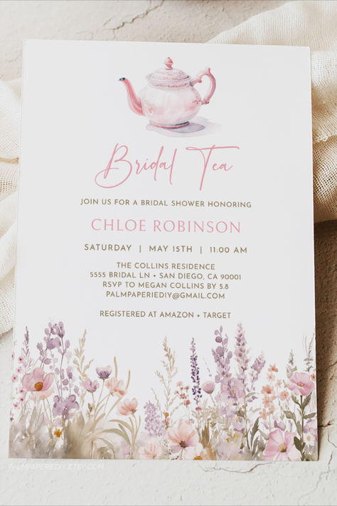 Tea With The Bride To Be Invitations, Pink Tea Party Bridal Shower Ideas, Yea Party Invitations, Tea With Bride To Be, Bridal Tea Shower Ideas, Bachelorette Tea Party Ideas, Garden Party Bridal Shower Invitations, High Tea With The Bride To Be, Wedding Shower Tea Party