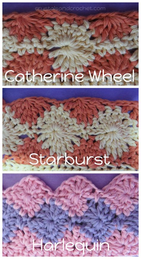 Here's a tutorial on three similar but distinct #crochet stitches. Catherine Wheel, Harlequin, and Starburst. Though they do look very similar they are in fact three quite different stitches. Wheel Crochet, Catherine Wheel, Different Crochet Stitches, Popular Crochet, Crochet Stitches For Blankets, Beginner Crochet Tutorial, Stitch Crochet, Crochet Stitches Tutorial, Crochet Instructions