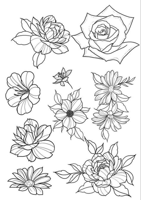 Multiple Flower Tattoo Design, Flower Stencils Tattoo, Tattoo Designs To Practice, Floral Tattoo Flash Sheet, Flower Tattoo Drawings Simple, Linework Tattoo Design Ideas, Floral Stencil Tattoo, Floral Tattoo Linework, Botanical Tattoo Stencil