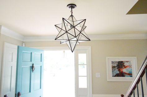 Starry Starry Night | Young House Love Pretty Entryway, Foyer Lighting Fixtures Entryway, Star Light Fixture, Star Pendant Light, Moravian Star Light, Fun Pendant, Foyer Light, Star Pendant Lighting, Moravian Star