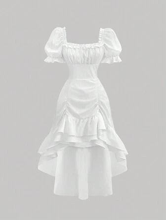 Free Returns ✓ Free Shipping✓. SHEIN MOD Plus Size White Vintage Square-Neck Puff Sleeve Asymmetrical Hem Long Dress For Teenage Girls- Plus Size Dresses at SHEIN. Vestidos Coquette, Mod Women, Easy Dress Sewing Patterns, Modest Dresses Casual, Vestido Plus Size, Theme Color, Vestidos Vintage, Floral Jacquard, Fashion Design Clothes