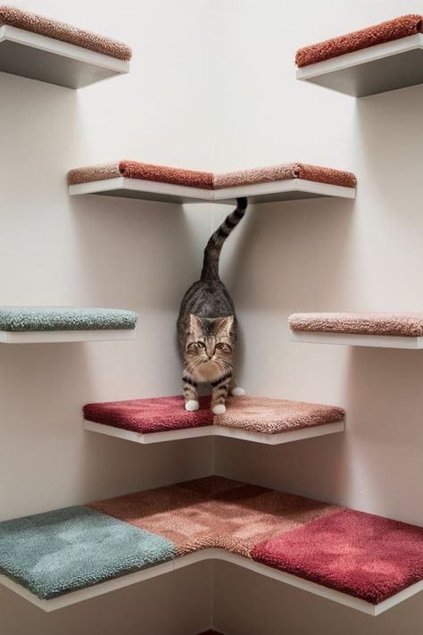 25 DIY Cat Shelves [Within Budget] – craftydiyers.com Wall Cat Tree Ideas, Cat Walk Diy, Catified Apartment, Diy Cat Room, Cat Shelves Diy Climbing Wall, Catification Ideas Diy, Cat Room Design, Cat Shelves Wall, Cat Tree Ideas