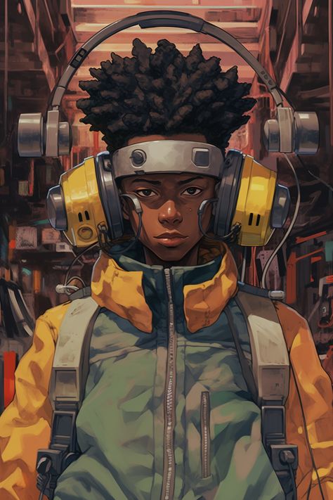 Black Characters Wallpaper, Afro Cyberpunk, Person Wearing Headphones, Character Design Ideas, Kuromi Character, Character Design Sheet, Designer Character, Home Character, Grey Yeezy