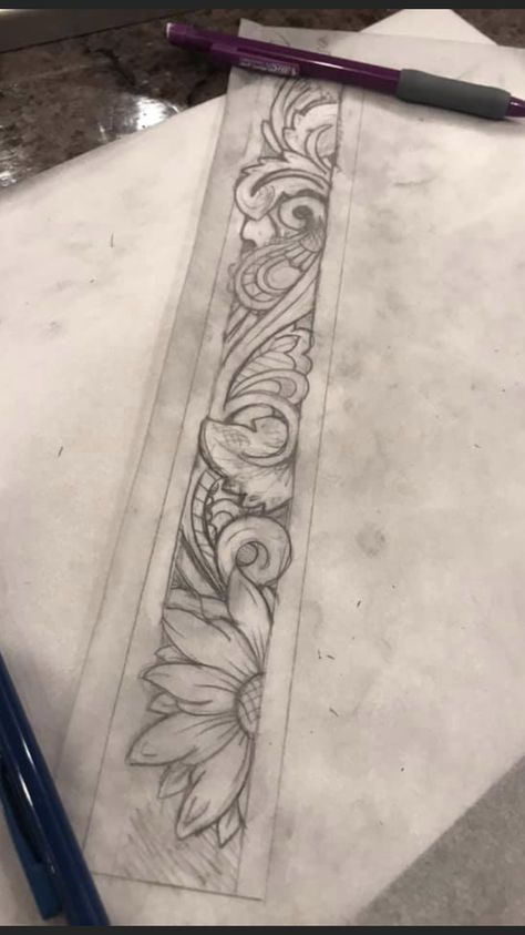 Tooled Leather Drawing, Western Armband Tattoo, Leather Design Tattoo, Western Leather Work Tattoo, Tattoo Ideas For Men Western, Leather Work Designs, Floral Tooling Patterns, Tooled Leather Tattoo Design, Western Leather Tattoo