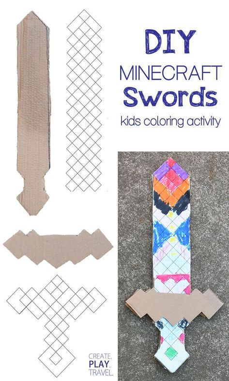 DIY Minecraft swords are a fun kids birthday party idea! Plan a themed Minecraft party with a DIY swords coloring activity, sheep & grass inspired snacks, redstone party food and a creeper pinata! Learn how to make Minecraft swords out of cardboard and glue on the sword pattern that kids can color. Kids will love these easy kids Minecraft party ideas! Learn how to plan a creative Minecraft birthday party. Minecraft Birthday Party Activities, Minecraft Snacks Birthday, Mindcraft Party Ideas Diy, Minecraft Activities For Kids, Minecraft Snacks, Minecraft Shield, Creeper Pinata, Minecraft Party Activities, Minecraft Themed Birthday Party