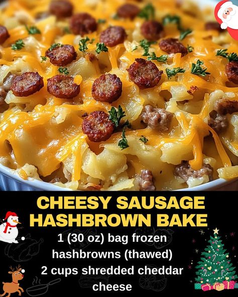 Cheesy Sausage Hashbrown Bake Breakfast Ideas Hashbrowns, Sausage Hashbrown Casserole, Baked Hashbrown Recipes, Hashbrown Bake, Savory Casserole, Smoked Sausage Casserole, Baked Meatloaf, Hashbrown Casserole Recipe, Frozen Hashbrowns