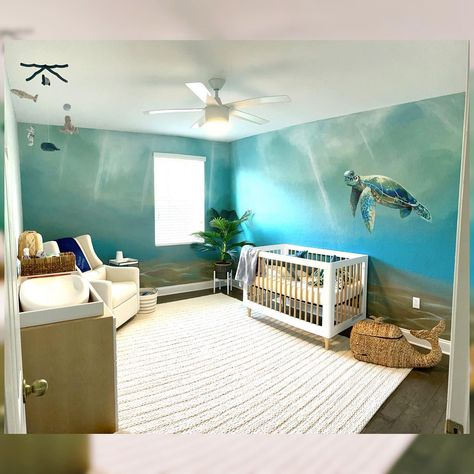 Ocean Accent Wall Nursery, Nursery Themes Under The Sea, Blue Ocean Nursery, Under The Sea Themed Bedroom, Under The Sea Room Ideas Kids, Under Water Nursery Theme, Under The Sea Bedroom Ideas Boys, Aquarium Nursery Theme, Water Nursery Theme